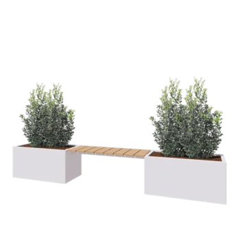 Pflanzkübel aus Stahl - Rechteckig - 321,2 x 50 x 50 cm - RAL9010 matte (weiß) - Mit Bodenplatte - Mit Gartenbank