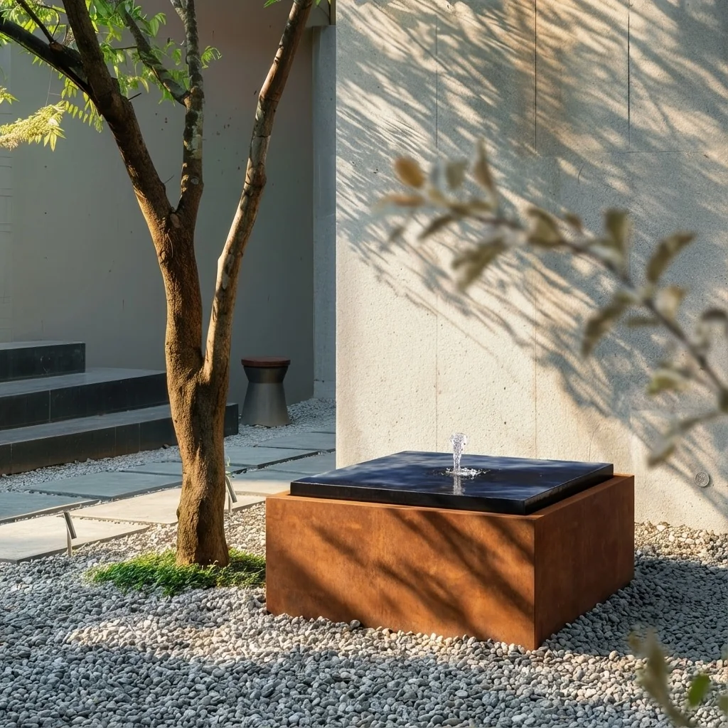 Cortenstahl Wassertisch - Orin - 80 x 80 x 40 cm - Mit LED-Beleuchtung
