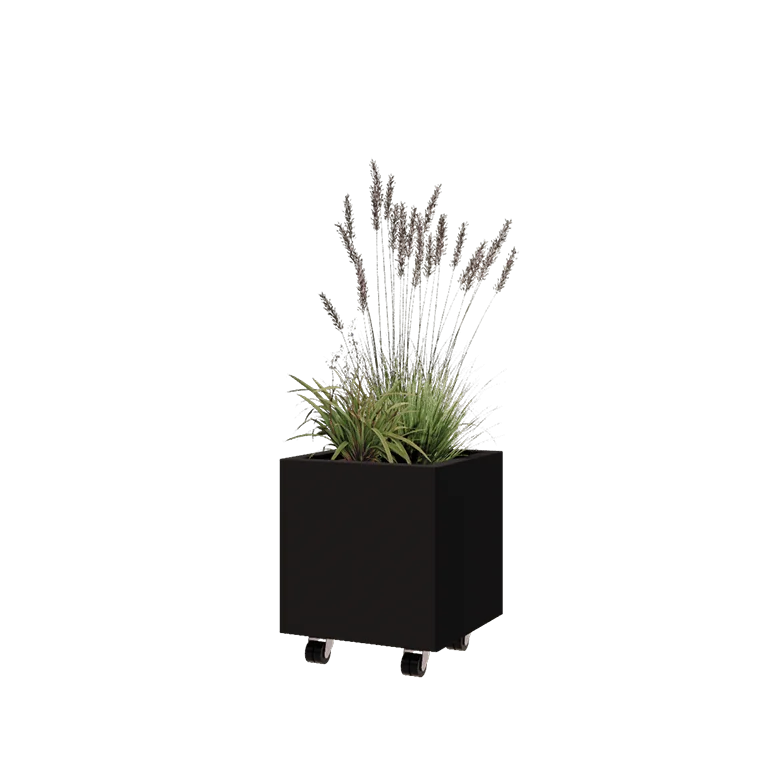 Pflanzkübel aus Stahl - Viereckig - 40 x 40 x 40 cm - RAL9005 matte (schwarz) - Mit Bodenplatte - Mit Rollen