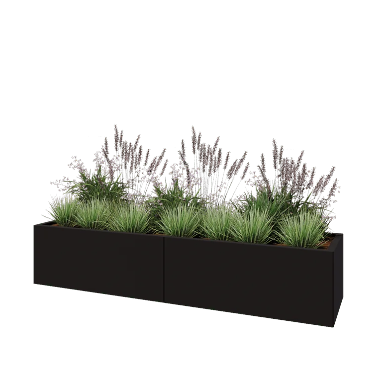 Hochbeet XXL aus Stahl - Rechteckig - 200 x 50 x 40 cm - RAL9005 matte (schwarz) - Mit Bodenplatte