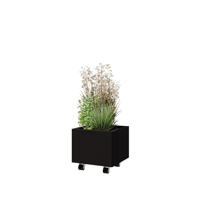 Pflanzkübel aus Stahl - Viereckig - 40 x 40 x 30 cm - RAL9005 matte (schwarz) - Mit Bodenplatte - Mit Rollen