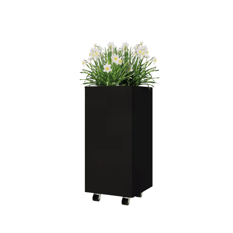 Pflanzkübel aus Stahl - Viereckig - 40 x 40 x 80 cm - RAL9005 matte (schwarz) - Mit Bodenplatte - Mit Rollen