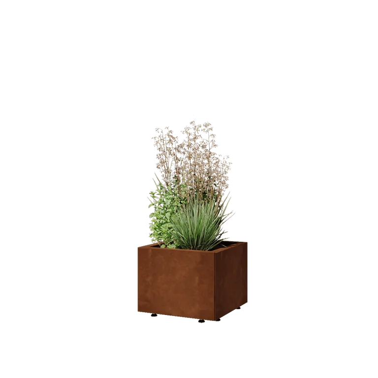 Cortenstahl Pflanzkübel - Viereckig - 40 x 40 x 30 cm - Mit Bodenplatte - Mit Füßen