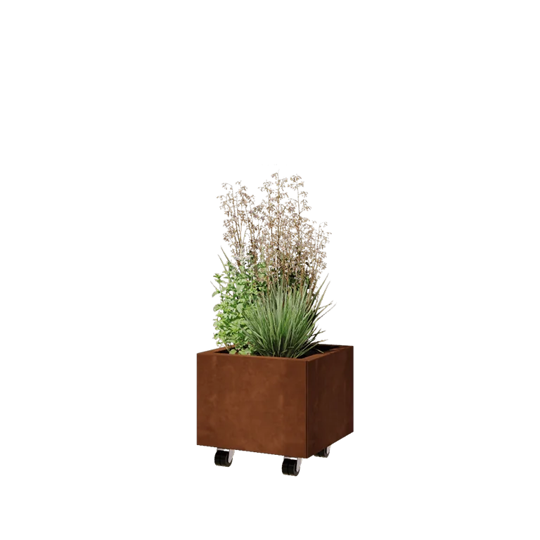 Cortenstahl Pflanzkübel - Viereckig - 40 x 40 x 30 cm - Mit Bodenplatte - Mit Rollen