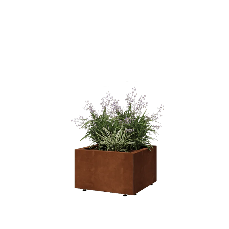 Cortenstahl Pflanzkübel - Viereckig - 50 x 50 x 30 cm - Mit Bodenplatte - Mit Füßen
