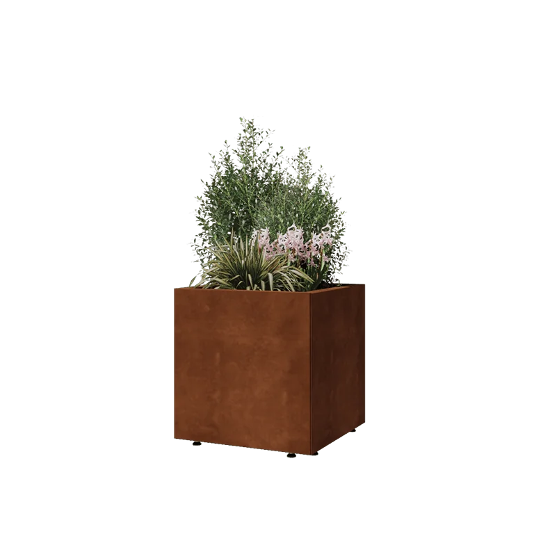 Cortenstahl Pflanzkübel - Viereckig - 50 x 50 x 50 cm - Mit Bodenplatte - Mit Füßen