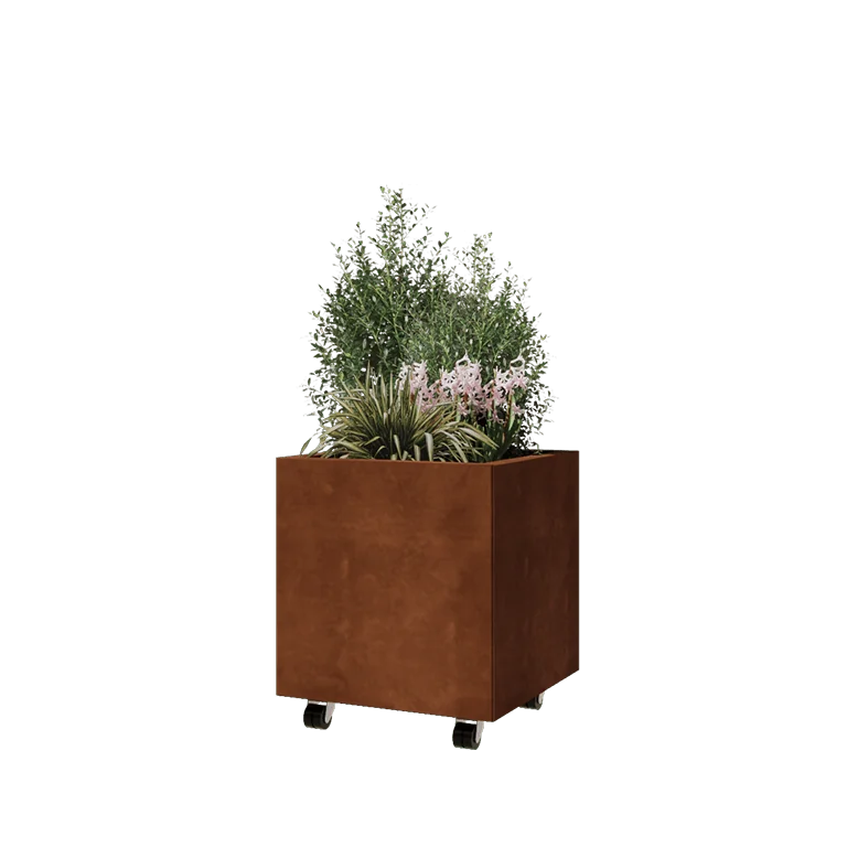 Cortenstahl Pflanzkübel - Viereckig - 50 x 50 x 50 cm - Mit Bodenplatte - Mit Rollen