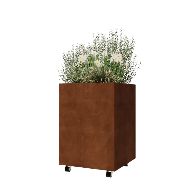 Cortenstahl Pflanzkübel - Viereckig - 60 x 60 x 80 cm - Mit Bodenplatte - Mit Rollen