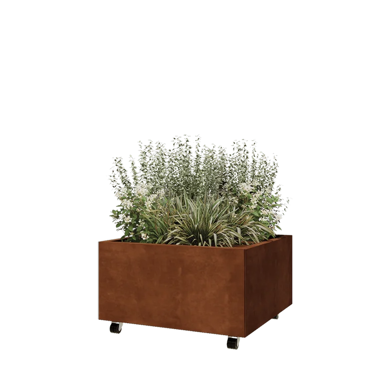 Cortenstahl Pflanzkübel - Viereckig - 80 x 80 x 40 cm - Mit Bodenplatte - Mit Rollen