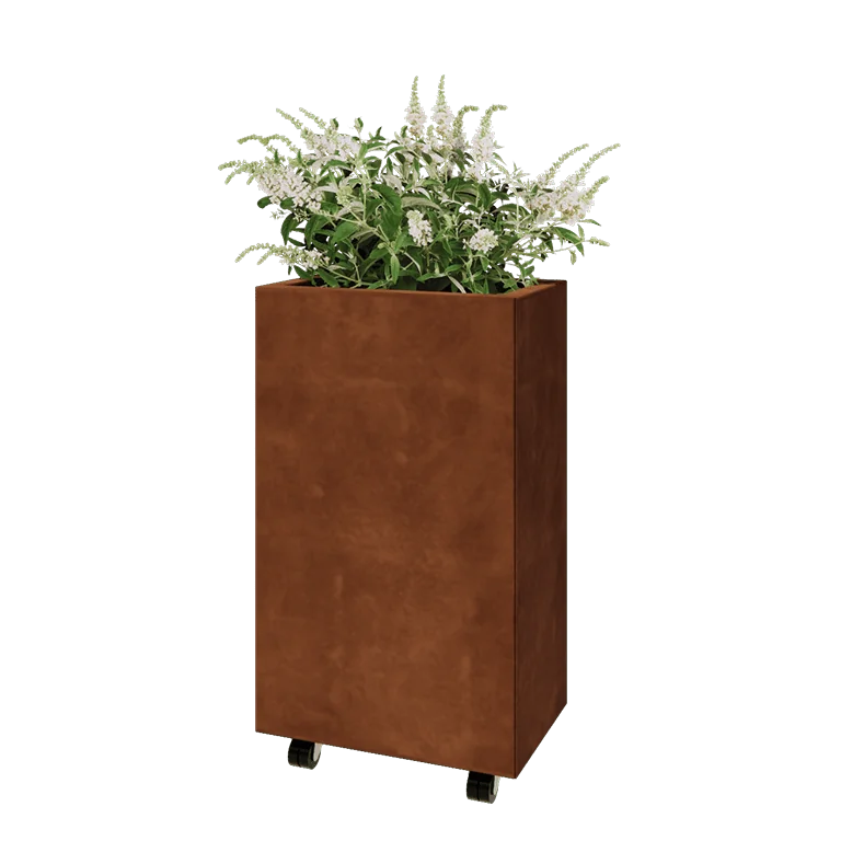 Cortenstahl Pflanzkübel - Rechteckig - 50 x 30 x 80 cm - Mit Bodenplatte - Mit Rollen