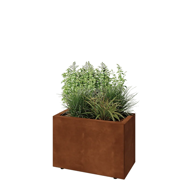 Cortenstahl Pflanzkübel - Rechteckig - 60 x 30 x 40 cm - Mit Bodenplatte - Mit Füßen