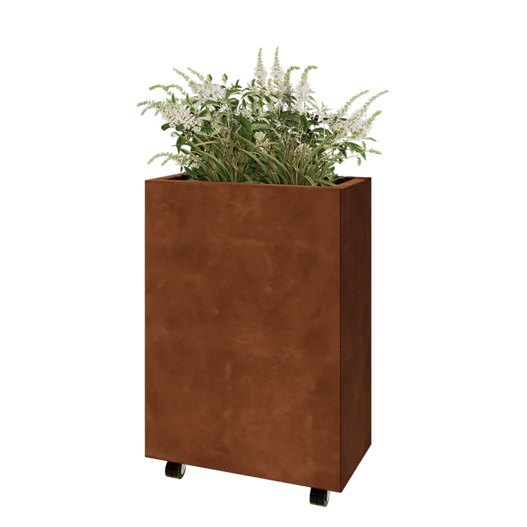 Cortenstahl Pflanzkübel - Rechteckig - 60 x 30 x 80 cm - Mit Bodenplatte - Mit Rollen