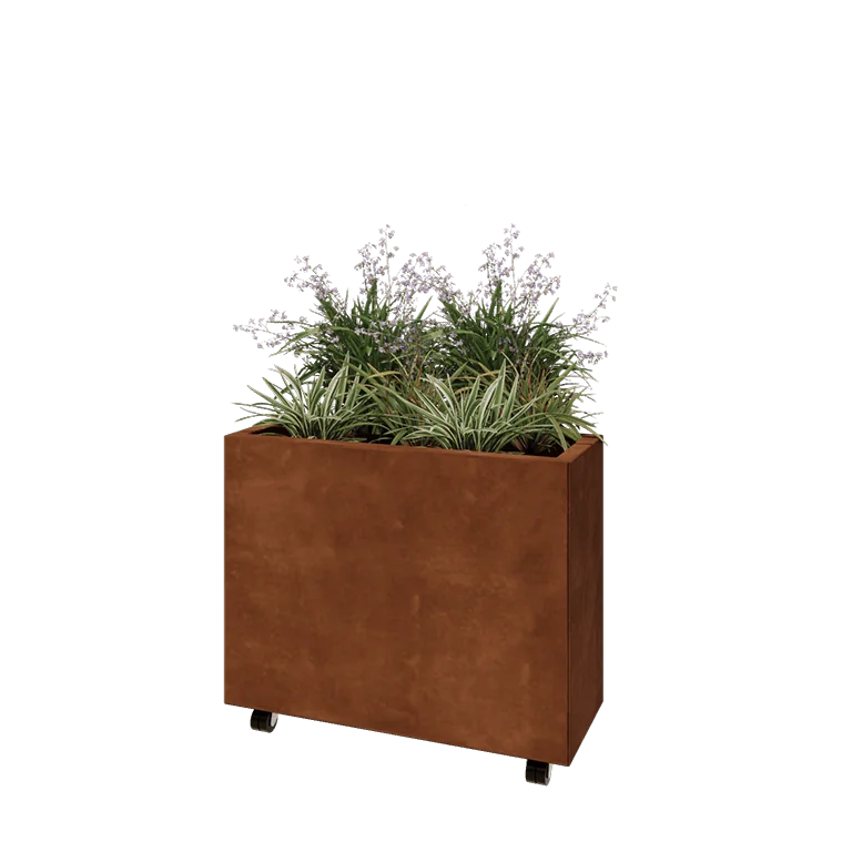 Cortenstahl Pflanzkübel - Rechteckig - 80 x 30 x 60 cm - Mit Bodenplatte - Mit Rollen