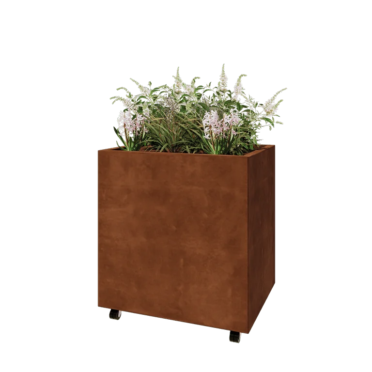 Cortenstahl Pflanzkübel - Rechteckig - 80 x 60 x 80 cm - Mit Bodenplatte - Mit Rollen