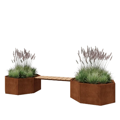 Cortenstahl Pflanzkübel - Achteckig - 362,6 x 120,7 x 50 cm - Mit Gartenbank - Ohne Bodenplatte