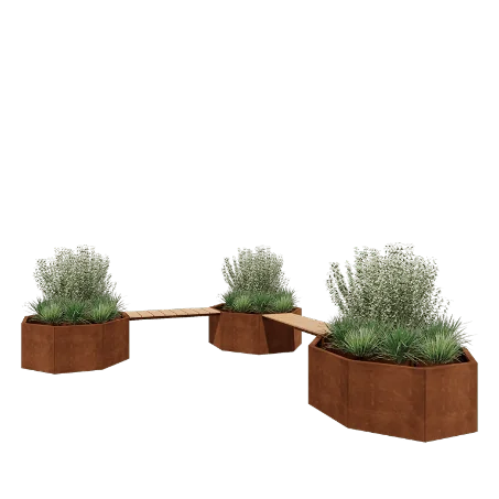 Cortenstahl Pflanzkübel - Achteckig - Eckanordnung - 362,6 x 120,7 x 50 cm - Mit Gartenbank - Ohne Bodenplatte