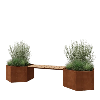 Cortenstahl Pflanzkübel - Sechseckig - 294,4 x 99,3 x 50 cm - Mit Gartenbank - Ohne Bodenplatte