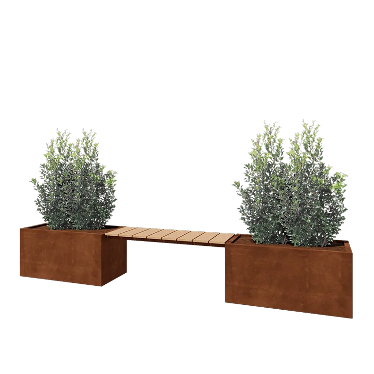 Cortenstahl Pflanzkübel - Rechteckig - 321,2 x 50 x 50 cm - Mit Gartenbank - Mit Bodenplatte