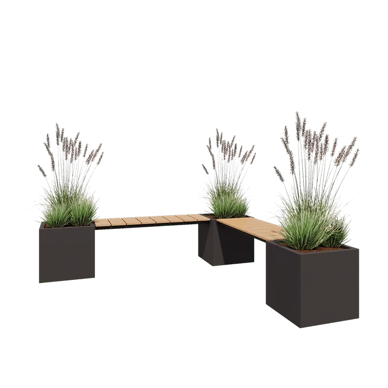 Pflanzkübel aus Stahl - Viereckig - Eckanordnung - 221,2 x 221,2 x 50 cm - RAL7016 matte (anthrazitgrau) - Ohne Bodenplatte - Mit Gartenbank