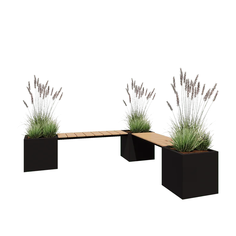 Pflanzkübel aus Stahl - Viereckig - Eckanordnung - 221,2 x 221,2 x 50 cm - RAL9005 matte (schwarz) - Ohne Bodenplatte - Mit Gartenbank