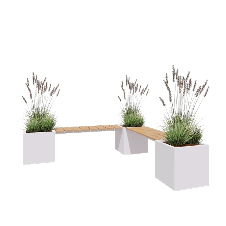 Pflanzkübel aus Stahl - Viereckig - Eckanordnung - 221,2 x 221,2 x 50 cm - RAL9010 matte (weiß) - Mit Bodenplatte - Mit Gartenbank