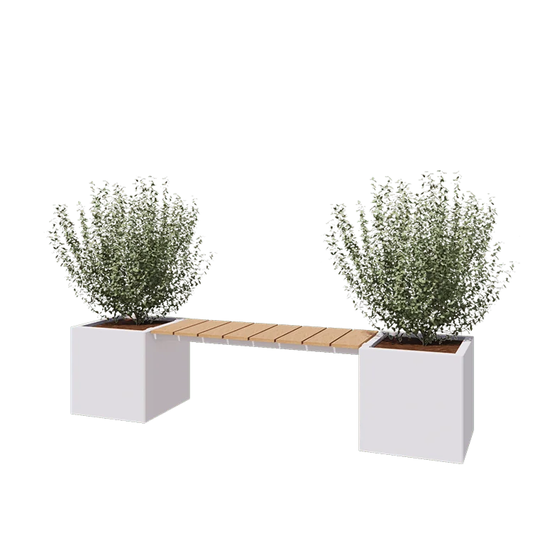 Pflanzkübel aus Stahl - Viereckig - 221,2 x 50 x 50 cm - RAL9010 matte (weiß) - Ohne Bodenplatte - Mit Gartenbank