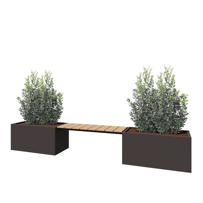 Pflanzkübel aus Stahl - Rechteckig - 321,2 x 50 x 50 cm - RAL7016 matte (anthrazitgrau) - Mit Bodenplatte - Mit Gartenbank