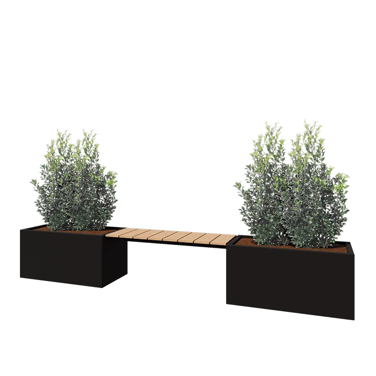Pflanzkübel aus Stahl - Rechteckig - 321,2 x 50 x 50 cm - RAL9005 matte (schwarz) - Mit Bodenplatte - Mit Gartenbank